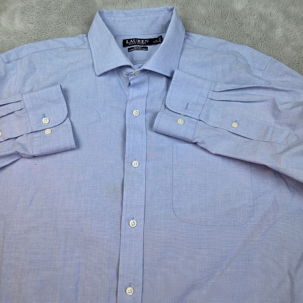 Lauren Ralph Lauren Dress Shirt Mens 17 34/35 Slim Fit Stretch Non Iron Blue LRL